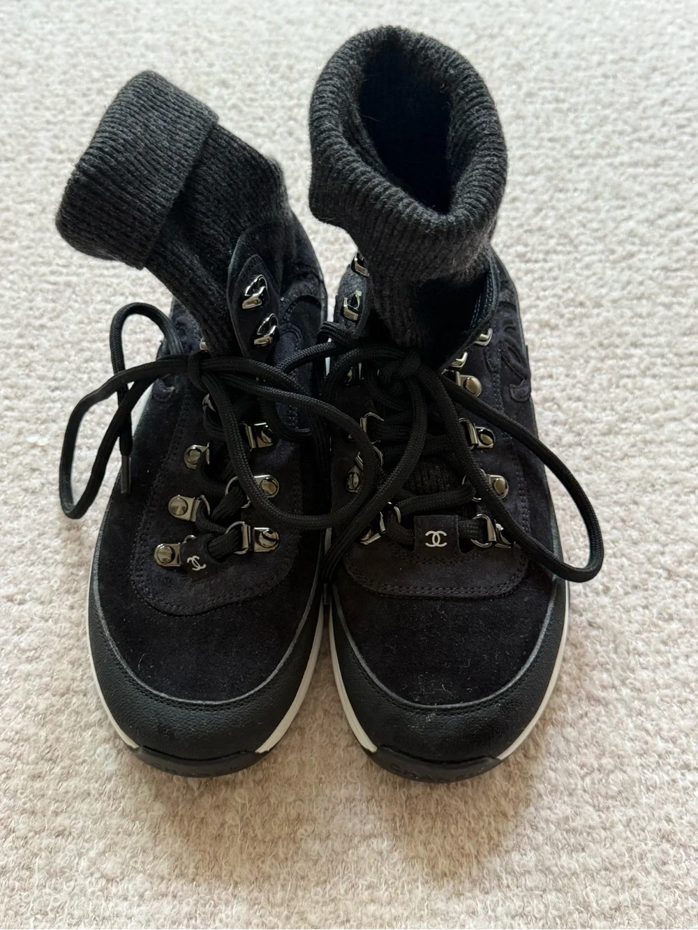 CHANEL NEW women’s  Black Suede Lace-Up Knit Cuff Boots new never worn